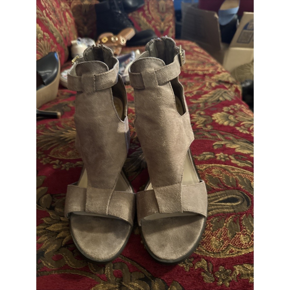 Fergalicious by Fergie Taupe Suede Marquette Open Toe Block Heeled Sandals-Sz 9
